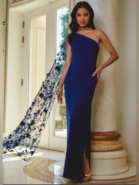 Adrianna Papell Dresses & Skirts - Adrianna Papell One-Shoulder Navy Evening Gown with Floral Sheer Cape Size 2